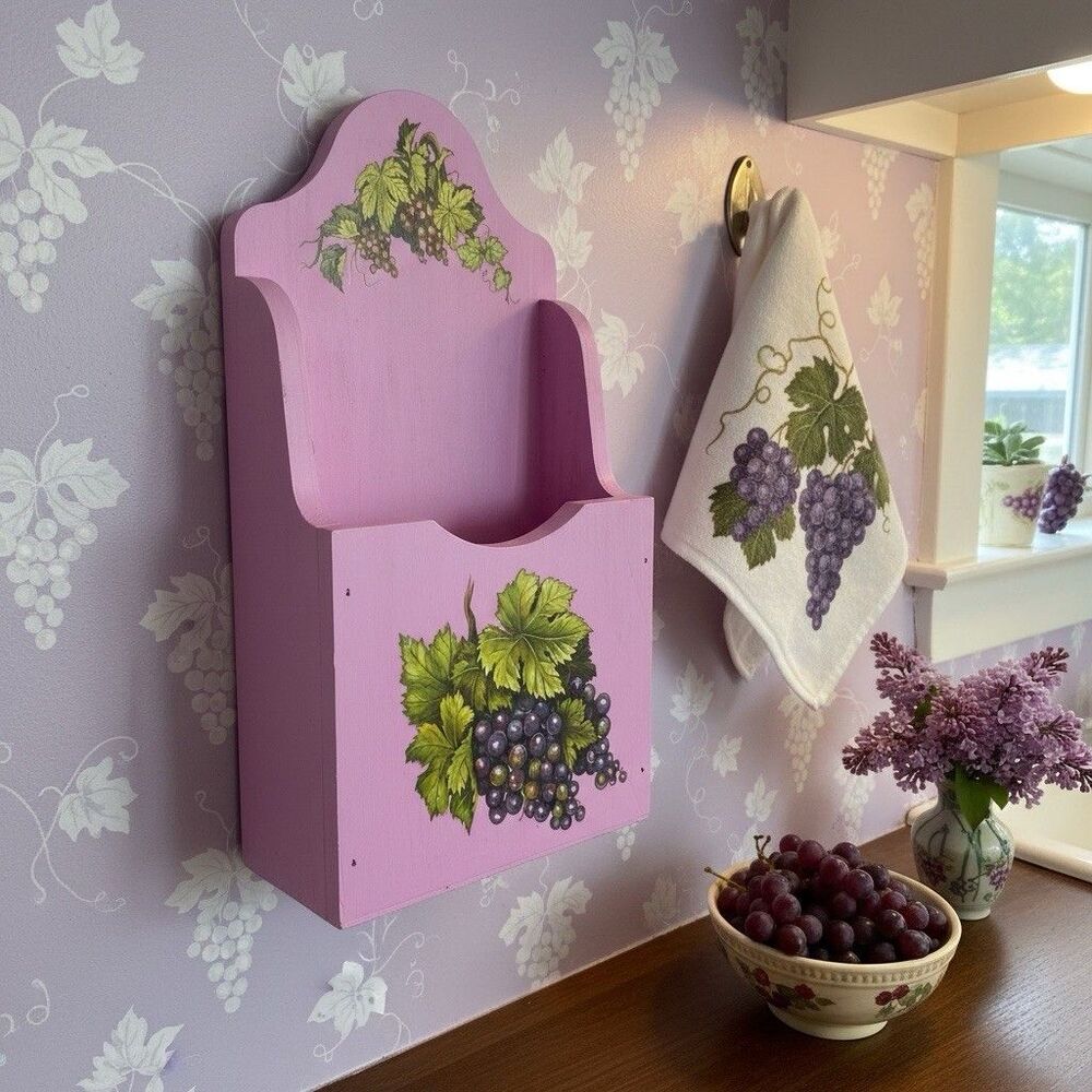 Vintage Mail Letter Holder Lilac Purple Wooden Wall Pocket Grapes Hand Painted